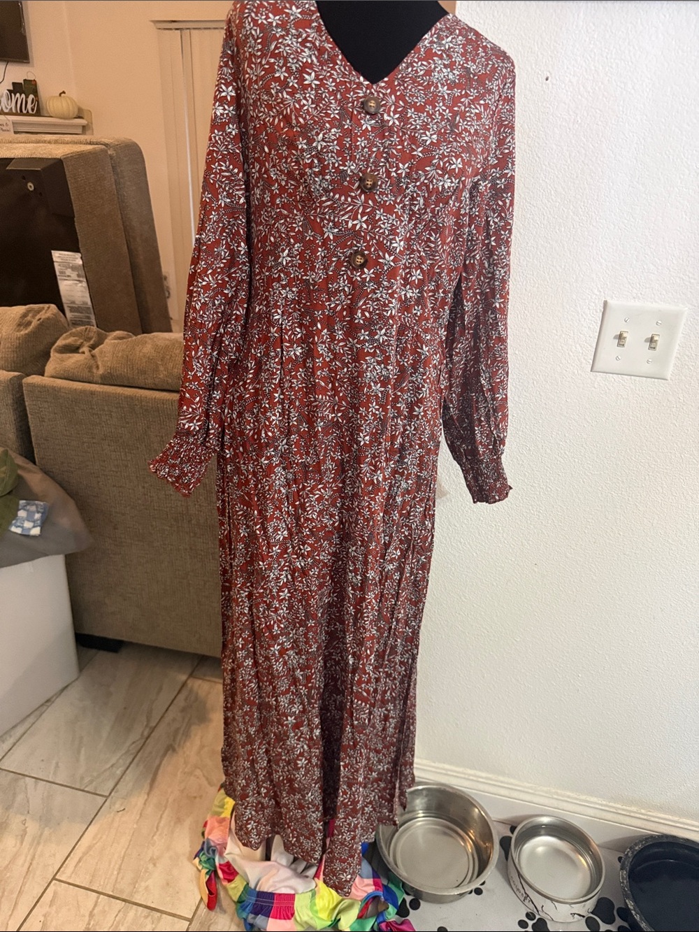 Rust Floral Long Sleeve Maxi Dress